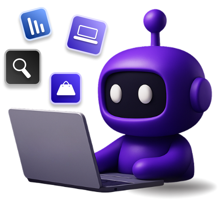 Un robot morado con un portátil y iconos de aplicaciones flotando.